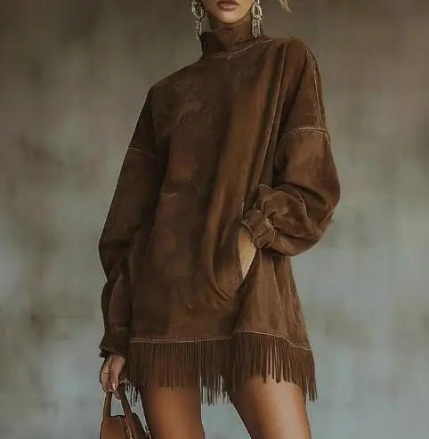 レディースワンピース 2025 春秋新作 無地 ハイネック ルーズ ポケットデザイン タッセルヘム 長袖 カジュアル スエード ミニワンピース