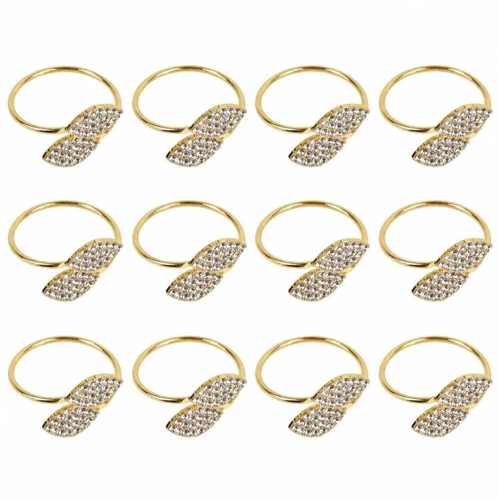 12 PCS Zinc Alloy Napkin Ring Set Gold Buckle Closure Leaf Napkin Holders Rhinestone Decoration Leaf Shape Napkin Holder