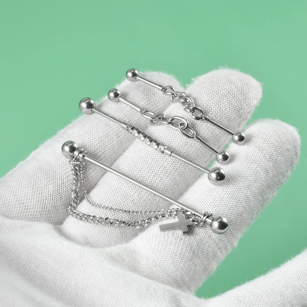 1/2 قطعة سلسلة الغضروف الفولاذ المقاوم للصدأ الحديد الصناعي إدراج الزركون أقراط مستقيم الحديد الزنمة اللولب ثقب المجوهرات #4