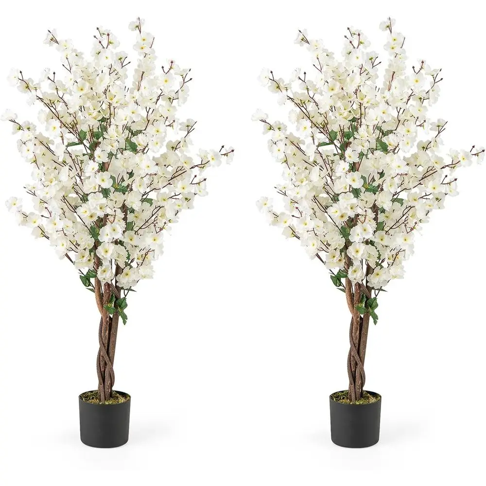 

47-Inch Artificial Wintersweet Trees, Set of 2 with White Fabric Flowers, Solid Wood Trunks, Suitable for Indoor or Outdoor, Hom