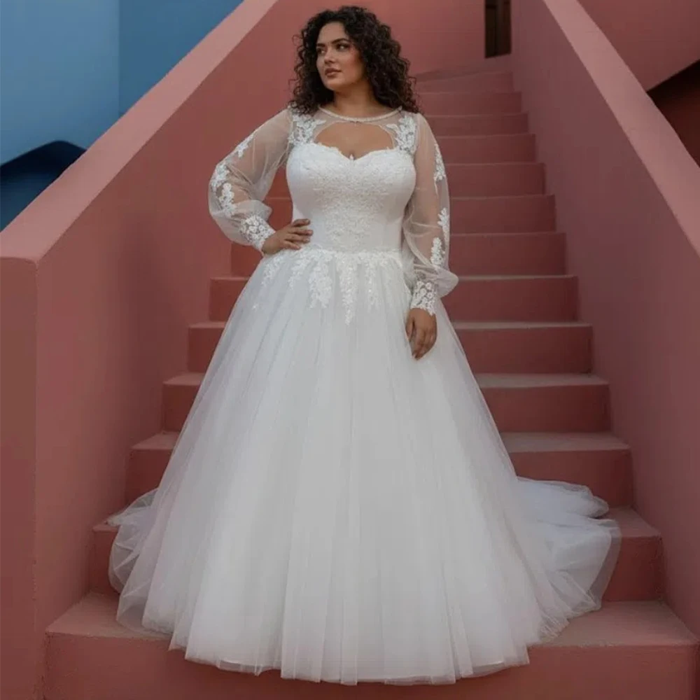 

Retro Lace Sweetheart Plus Size Tulle A-Line Wedding Dress 2026 Customized Appliques Long Sleeves Bridal Gowns Button Back
