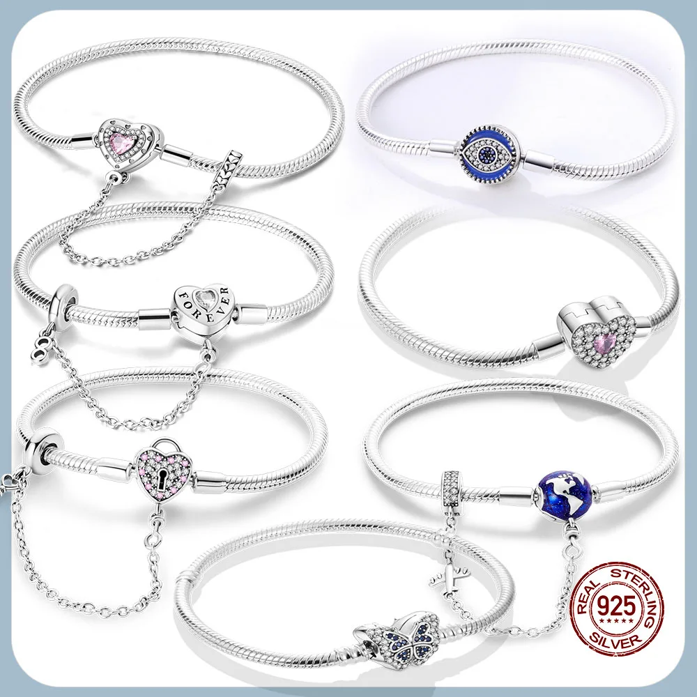 

Браслеты из стерлингового серебра 925 пробы 17-20 см, оригинальный браслет в форме листа клевера, бабочки и сердца, подходит для DIY, подвески, бусины, модные женские украшения