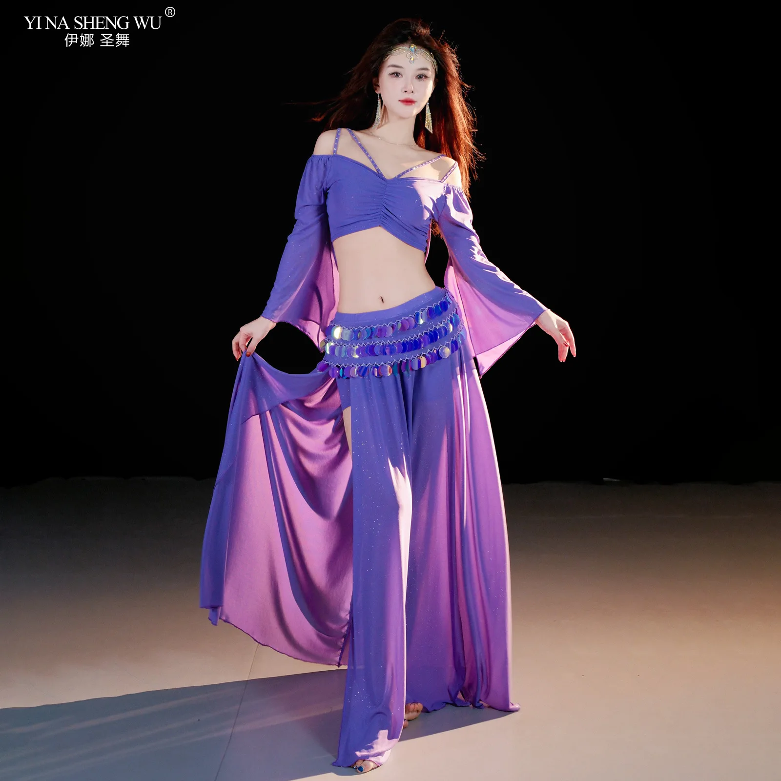 Belly Dance Set Women Skirt Practice Clothes Female Adult Elegant Exercise Top Oriental Dancing Profession Clothes Purple