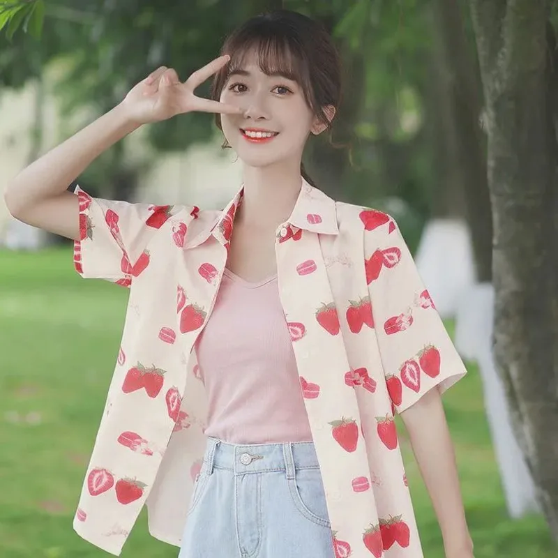 Summer Sweet Girl Pink Strawberry Full Print Blouse Graphic Button Up Shirt Kawaii Clothes Japan Korean Fashion Short Sleeve Top