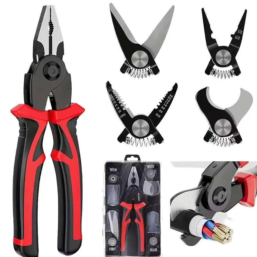 

5-in-1 Interchangeable Head Pliers Heat-Treated Ergonomic TRP Grip for Wire Cutting Gripping DIY Repairs Multi functional Pliers