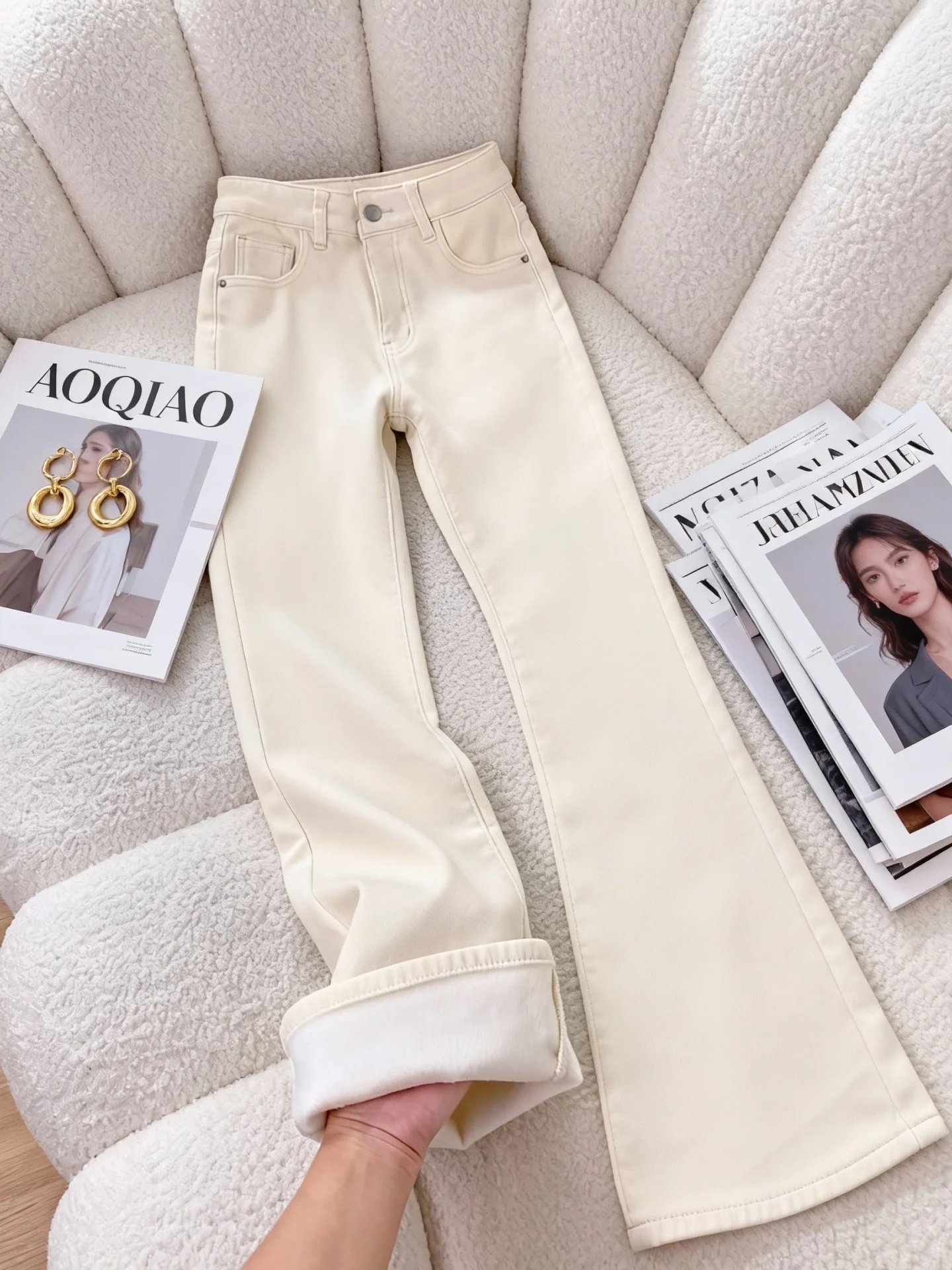 Thiened Fce الشتاء عالية الخصر جرس بوت الجينز المرأة حجم كبير التخسيس مرونة ort حجم كبير السراويل متوهج #2