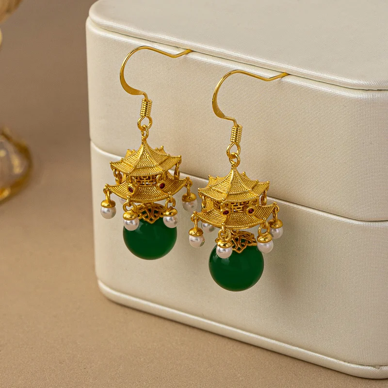 Ancient Gold-plated New Chinese Style Necklace, Pavilion Uterine Lantern, Palace Style Earrings High-end Red Agate Jewelry Women