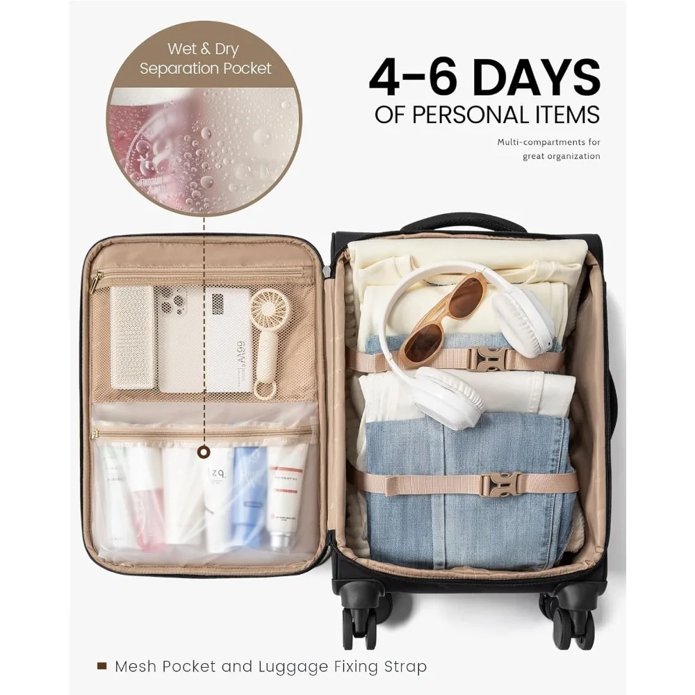 Lightweight 22 Inch Airline Approved Softside Spinner Luggage, Carry-On Suitcase with Wheels, Ideal for Travel