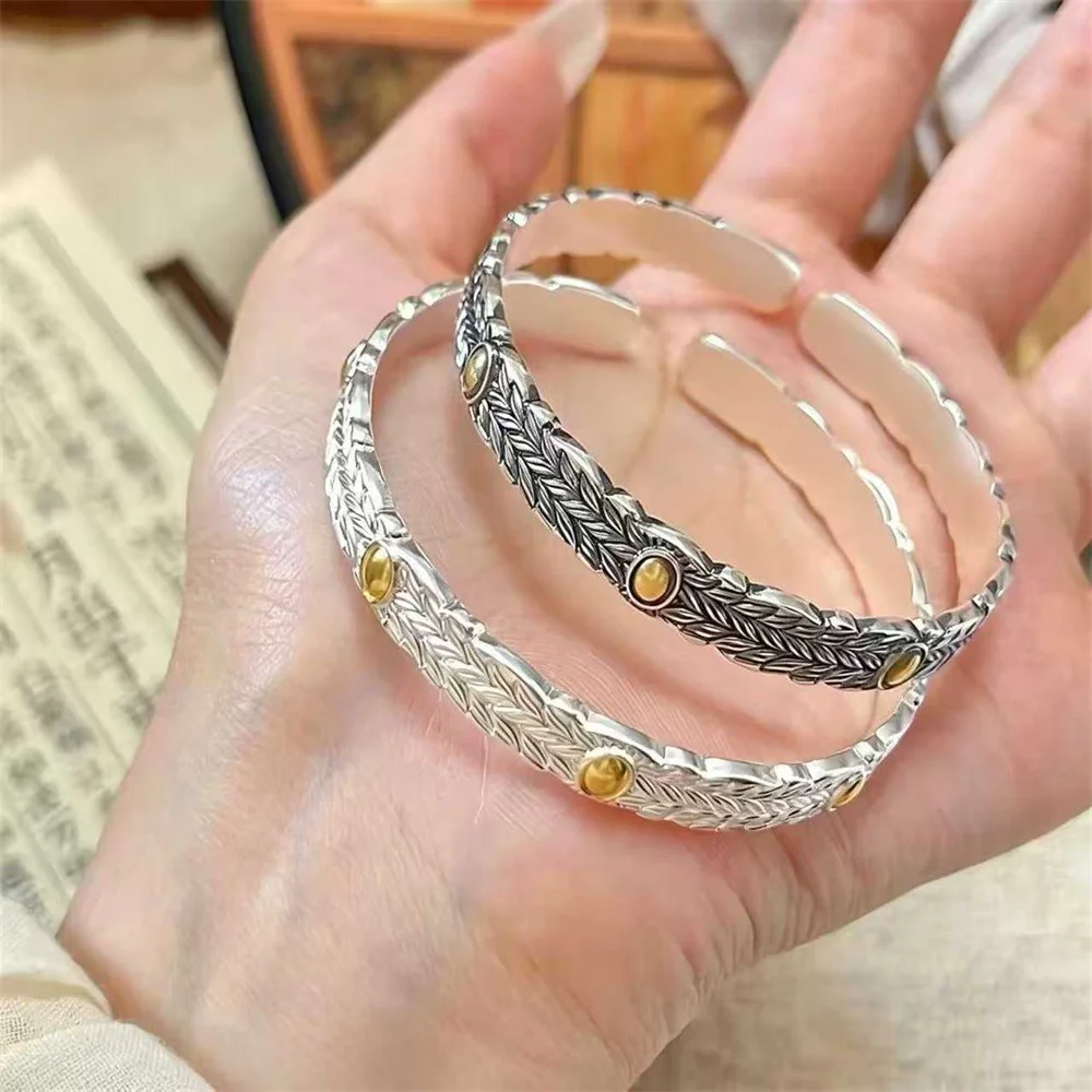 999 Sterling Silver Unisex Open Cuff Bangle Free Custom Engraving Wheat Leaf  Retro Fine Silver Bracelet Couple Gift