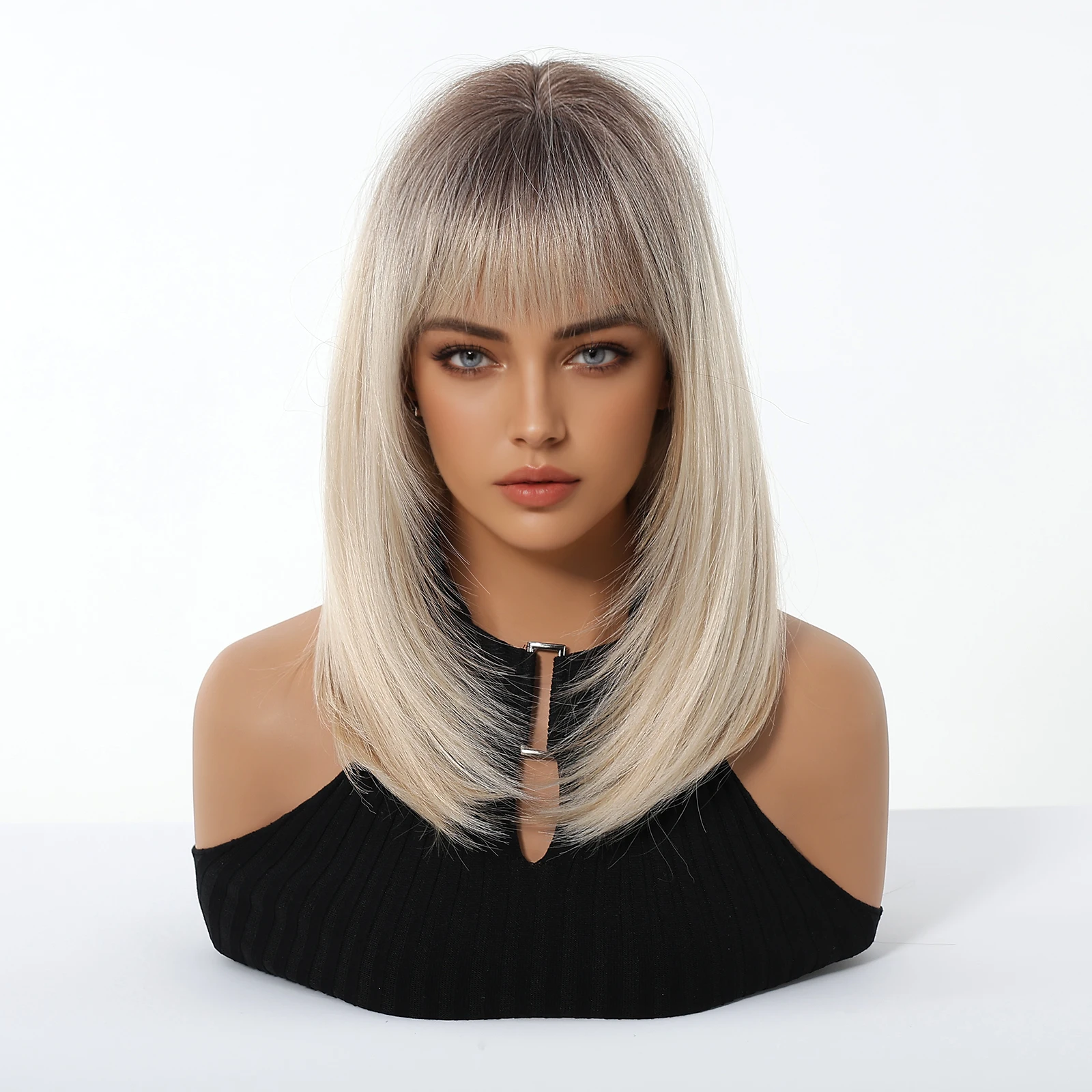 Blonde Unicorn Blonde Ombre Long Straight Synthetic Wig for Women with Bangs Heat Resistant Hair for Women Daily Party Cosplay