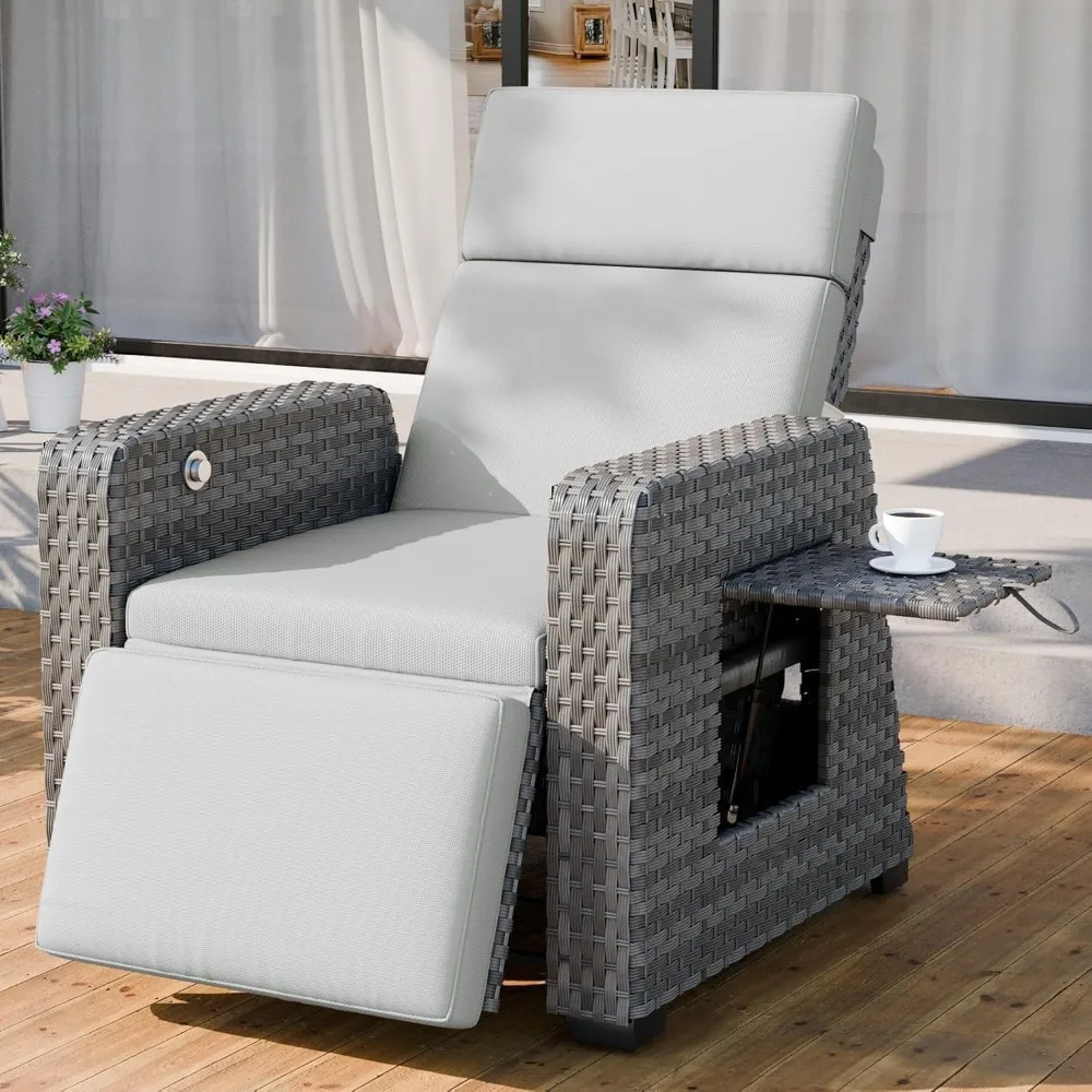 

Outdoor Recliner Adjustable Wicker Lounge Chair with Flip Table Extended Patio Reclining Chair & Thick Cushion for Balcony