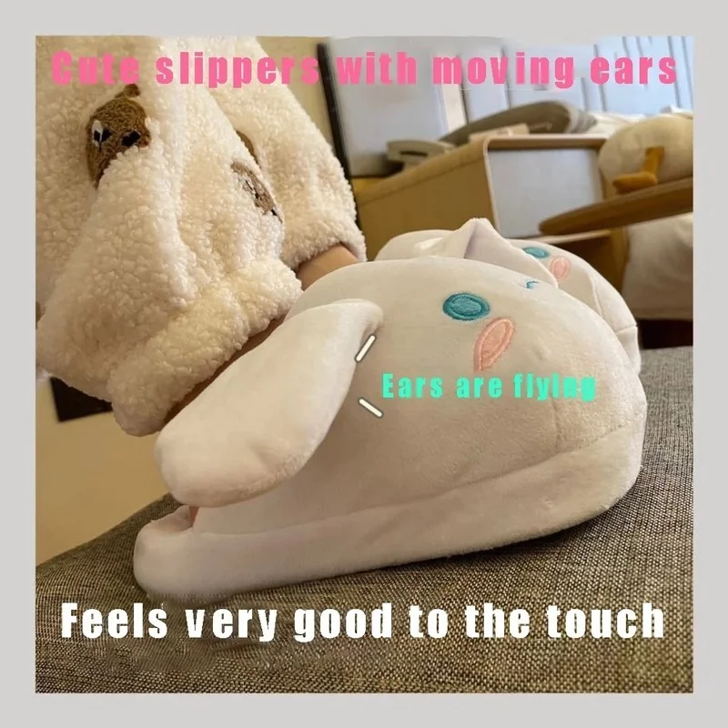 2024 New Ears Moving Cotton Slippers Warm Up Thick Female Bag Heel Kawaii Going Out Dorm Winter Couple Cute Cartoon Gift