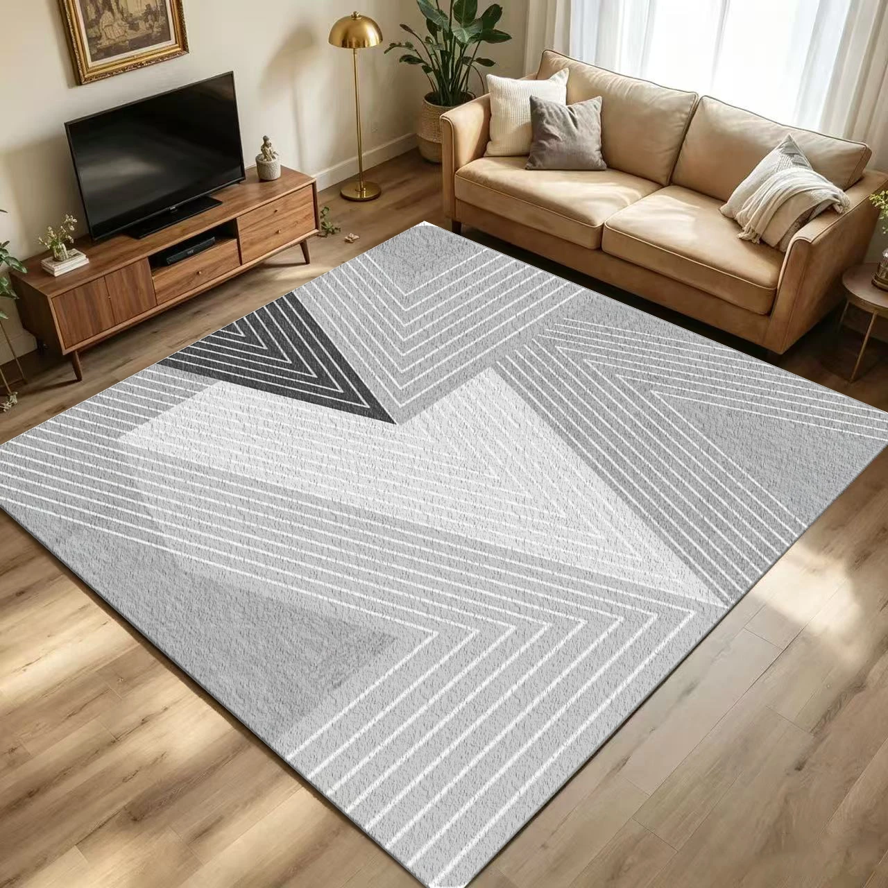 Modern Abstract Chevron Area Rug Gray White Layered Striped Geometric Floor Carpet for Living Room Bedroom Home Decor