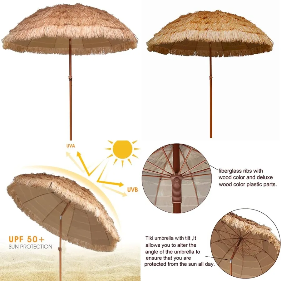 

Hula Thatched Tiki Patio Beach Umbrella Hawaiian Style 10 Ribs UPF 50+ with Tilt Carry Bag for Outdoor Tiki Bar, Tropical Palap