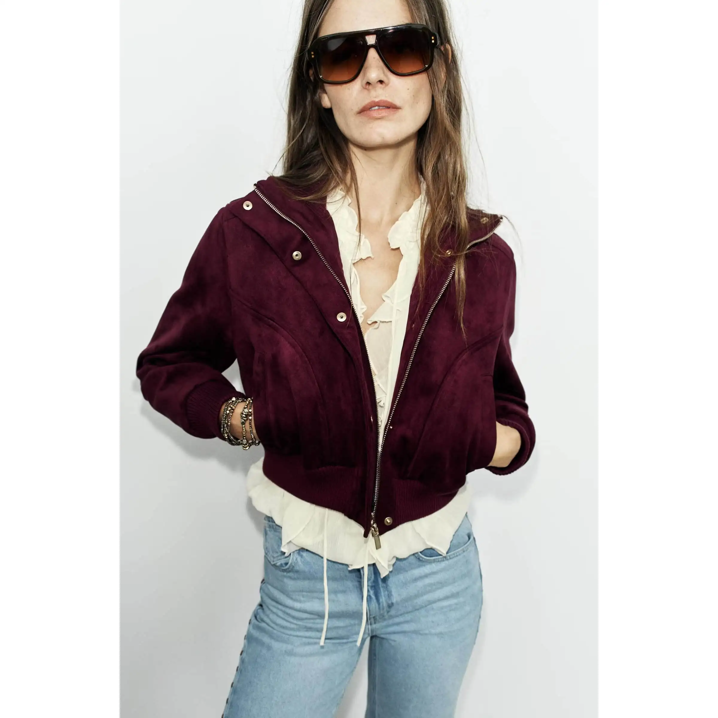 Fashionable Stand Collar Reversible Leather Effect Short Jacket for Women Versatile Stylish Windproof Polyester Fiber Zipper ...