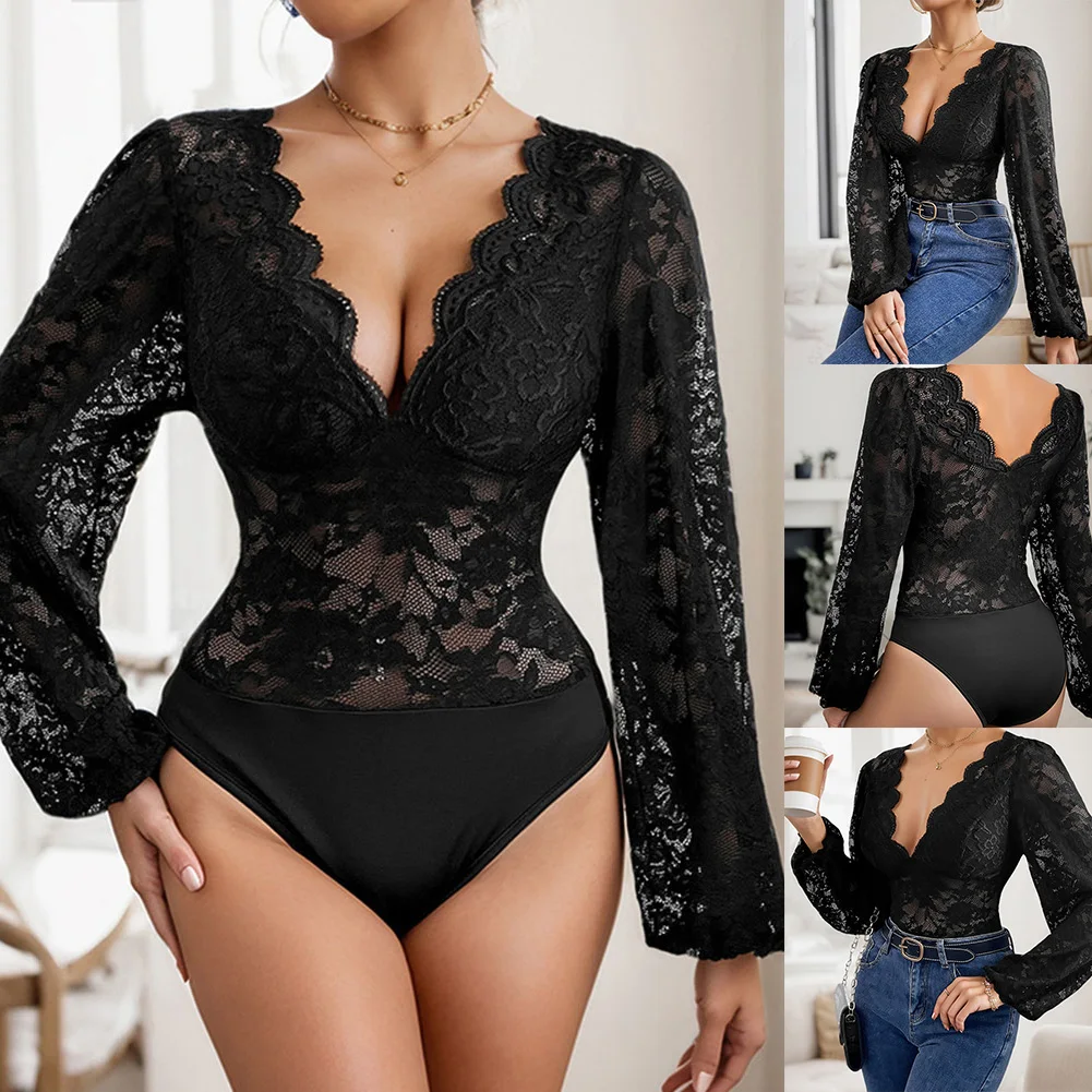 

Повседневный женский комбинезон из кружева с длинными рукавами и V-образным вырезом, дышащий и слегка эластичный, для комфортной носки.