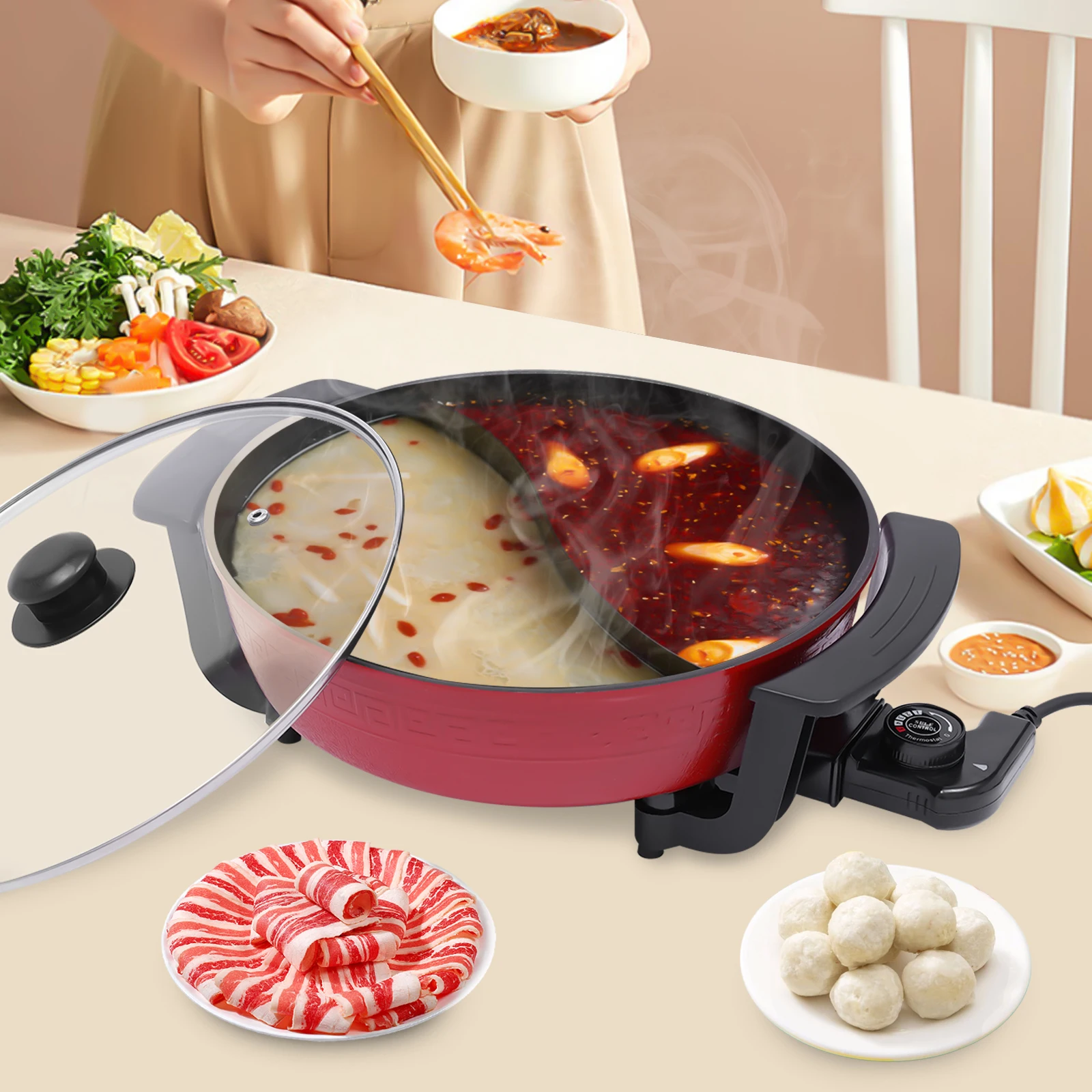 Panela quente separável dupla face atualizada de 6l, panela quente elétrica de 1360w para 6 pessoas com tampa, fondue de panela quente com divisor