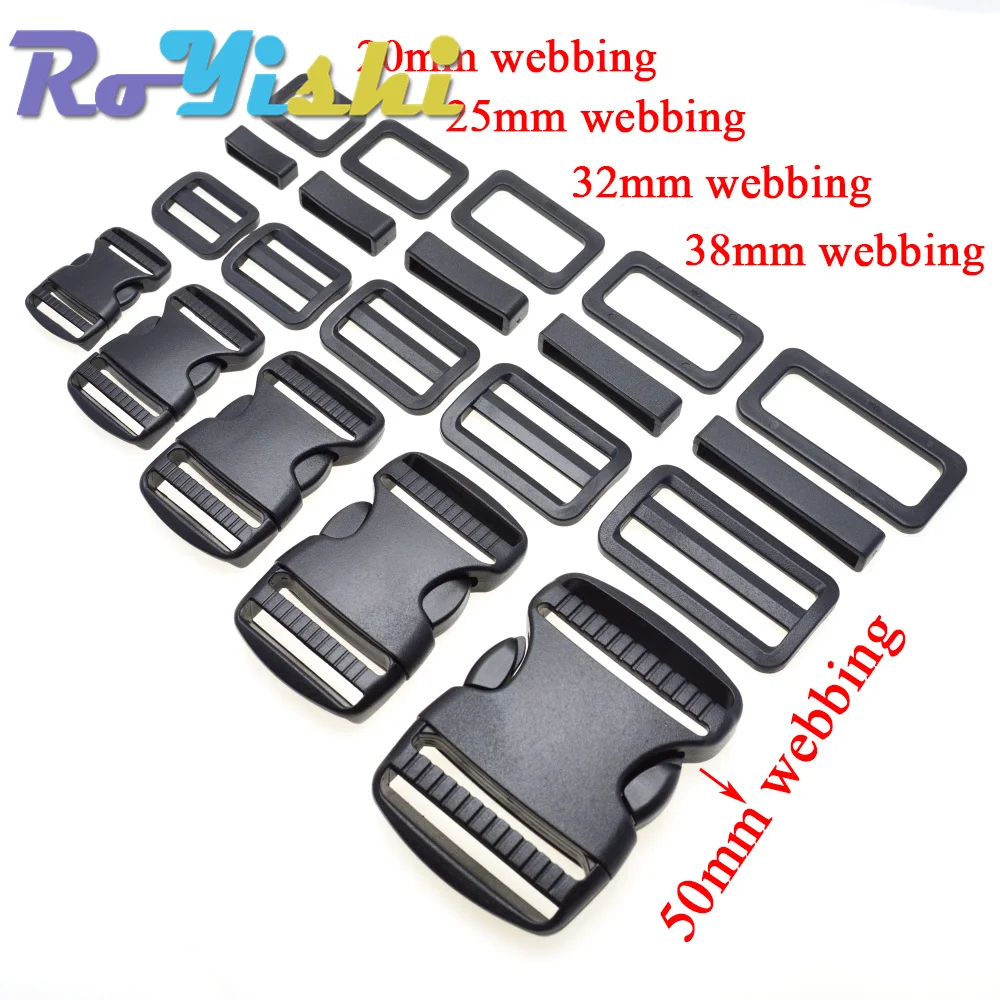 1 Set 20mm 25mm 30mm 38mm 50mm Plastic Slider Adjustable Rectangle Ring Belt Loop Curved Side Release Buckles For Paracord