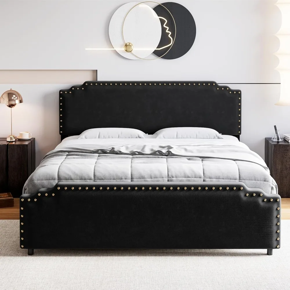 Queen Size Bed Frame w Headboard, Velvet Upholstered Platform Bed w Rivet Decor, Heavy Duty, No Box Spring Needed, Easy Assembly