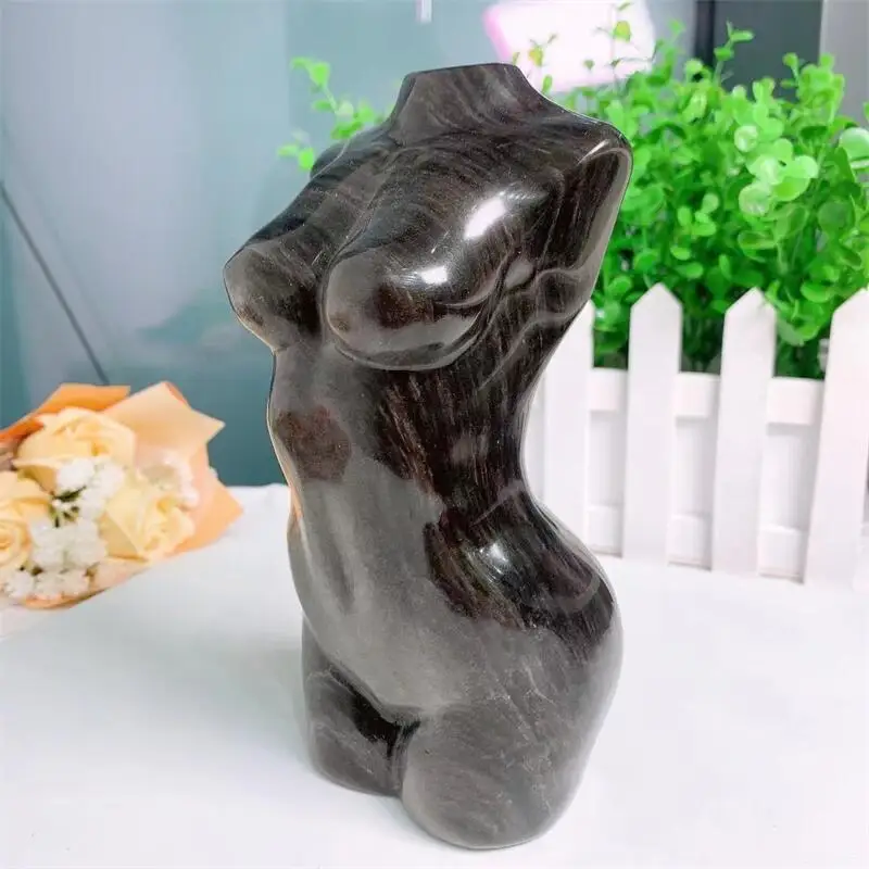 

17cm Natural Silver Obsidian Women Model Sexy Girl Bust Body Naked Statue Reiki Healing Crystal Art Stone Figurine Decor 1pcs