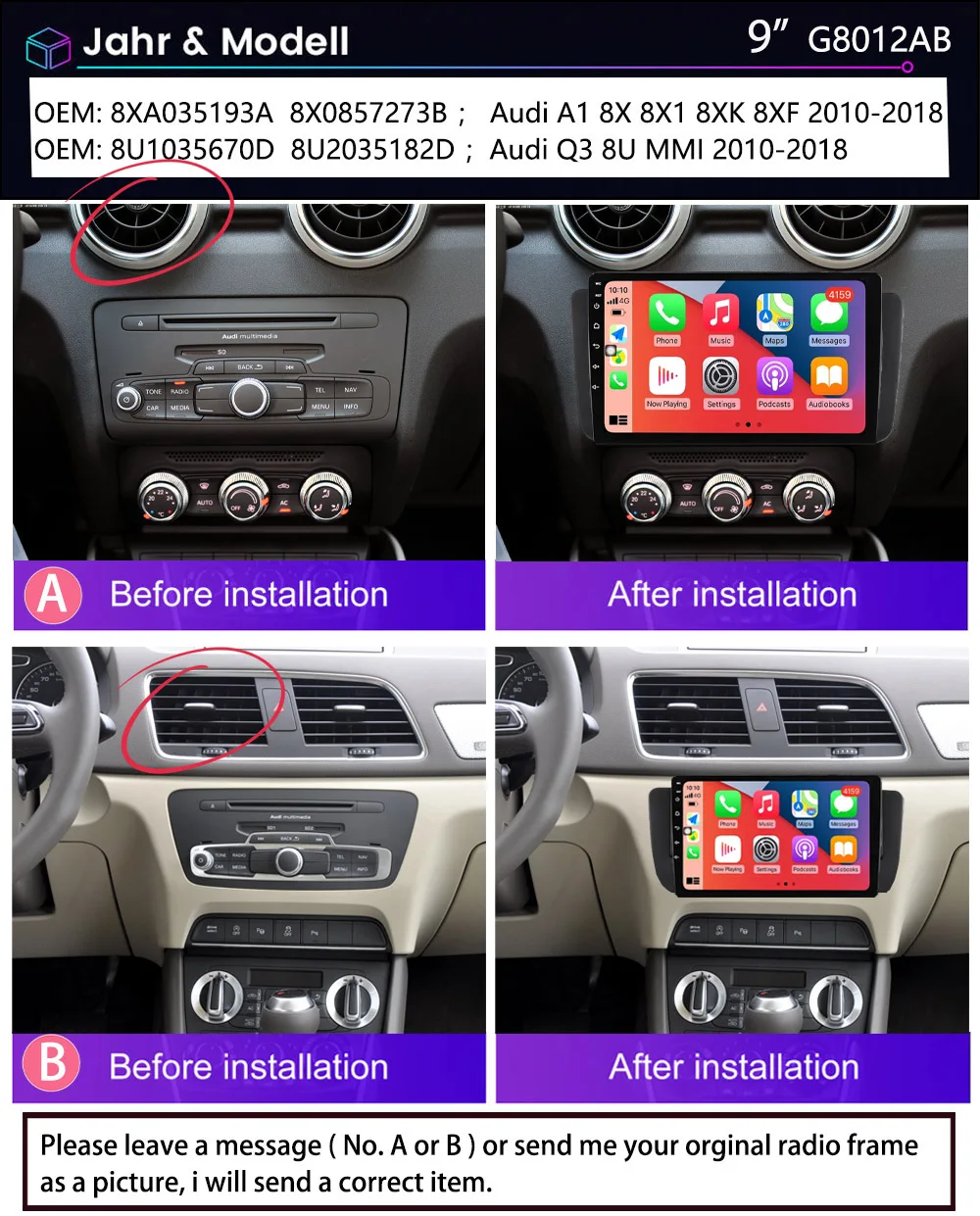 Android Car radio Carpaly GPS Navigation+reverse camera for Audi A1 8X 8X1 8XK 8XF /AUDI Q3 8U MMI Quattro S Line Sport