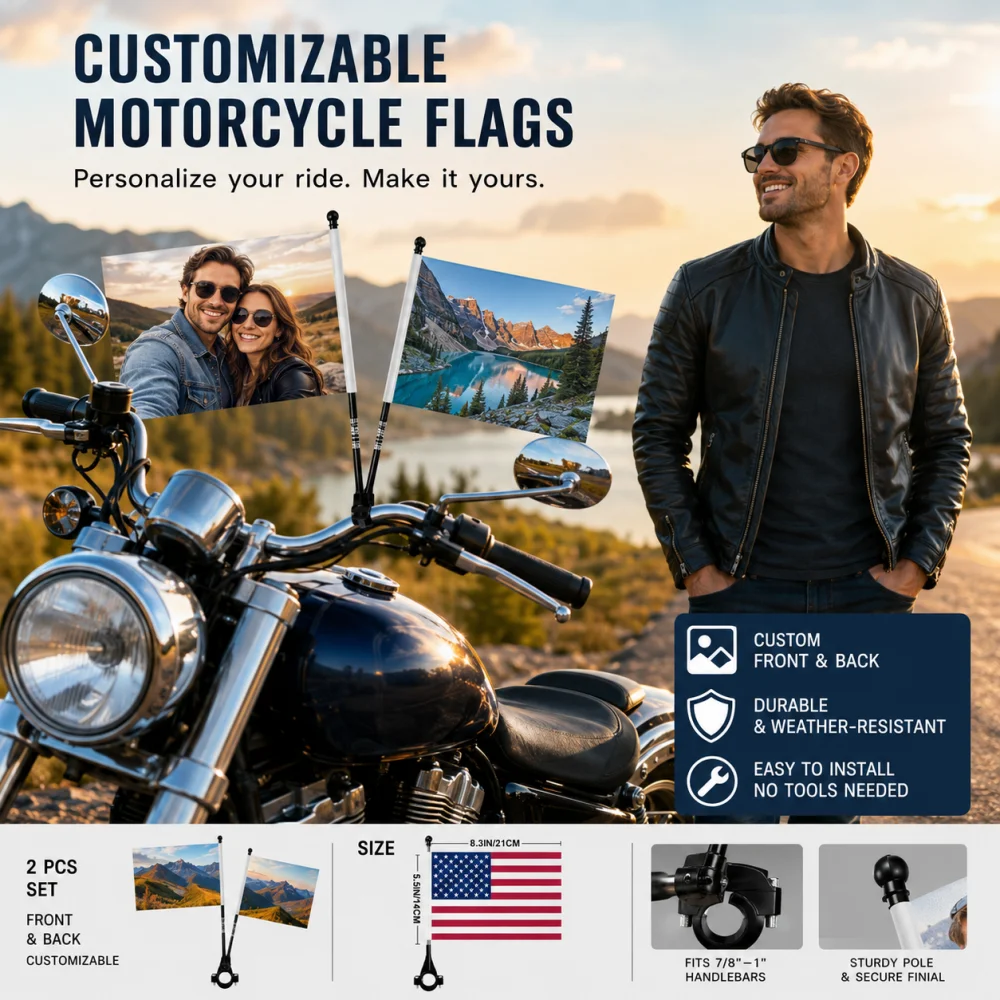 2Pcs Custom Photo Motorcycle Flag Set with Plastic Pole Double Sided Different Print Motorbike Handlebar Decor Flag Kit