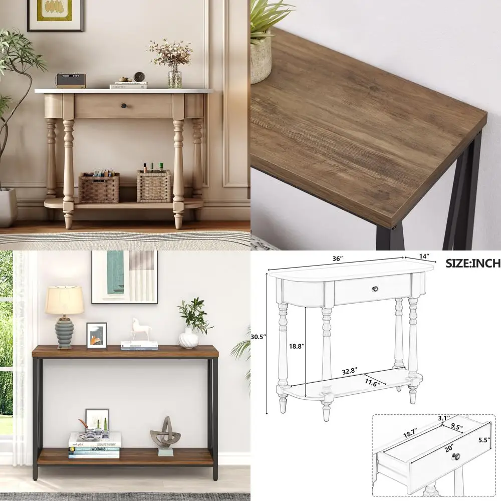 طاولة كونسول نصف قمر منحنية قديمة، 36 طاولة أريكة مدخل من الخشب الصلب مع درج ورف مفتوح #1