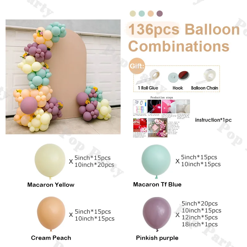 136pcs Macaron Color Balloons Garland Kit Cream Peach and Pinkish Purple Latex Balloon Set Boys or Girls Gender Reveal Party Dec