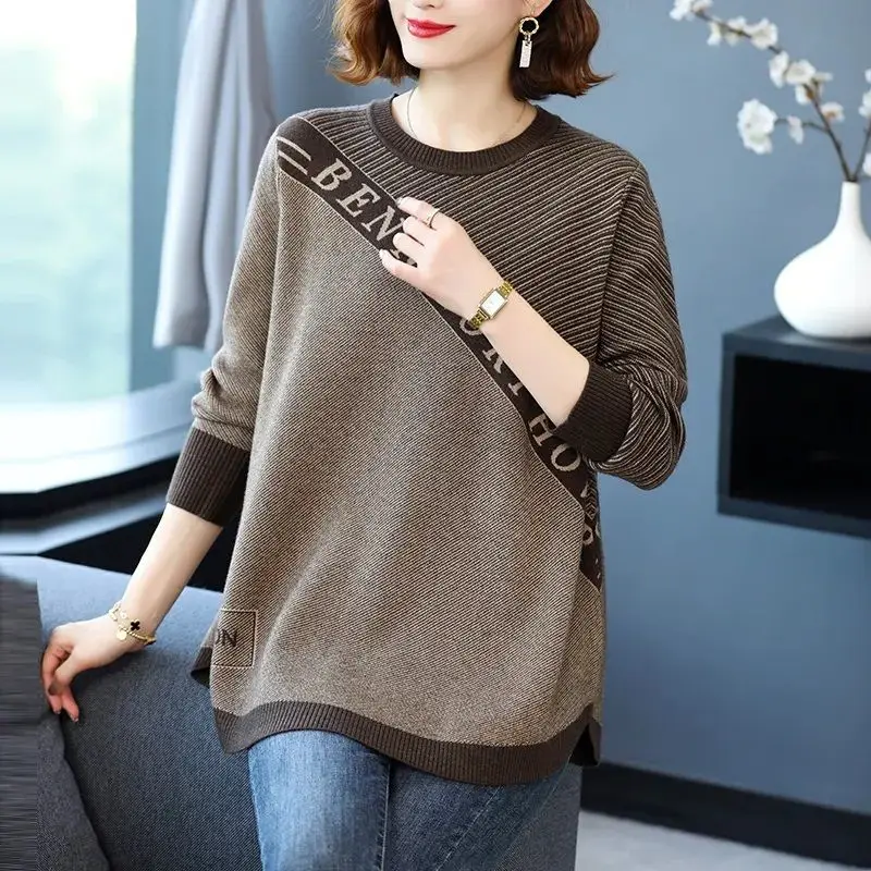 Fashion Striped Patchwork Letter Sweaters Autumn Winter Casual Loose Women\'s Clothing O-Neck Korean Long Sleeve Knitted Jumpers