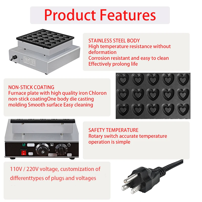 Heart Mini Pancakes Maker Machine, Electric Dutch Pancakes Baker Maker,Non-Stick Teflon Coating,Restaurants,Kitchen,Snack Bar