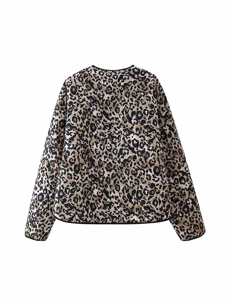 TRAF2024 European and American style autumn new fashion all-match women\'s clothing leopard print cotton jacket coat