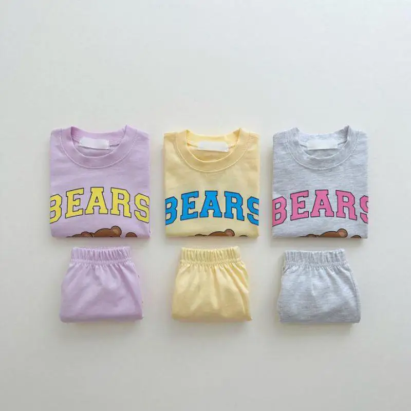 

2025 Summer New Children Short Sleeve Clothes Set Toddler Cartoon Bear Letter T Shirts + Shorts 2pcs Suit Kids Casual Outfits