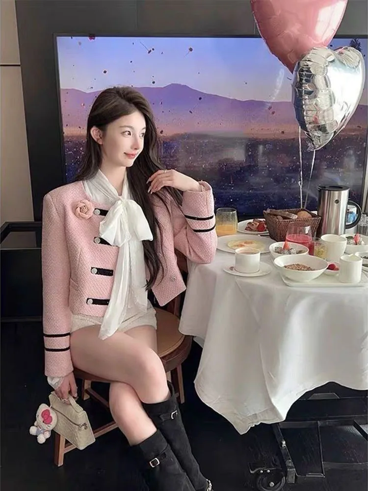 Autumn Office Ladies Korean Style Long Sleeve 3D Flower Decoration Design Short Tweed Jacket Fashion Temperament Coat