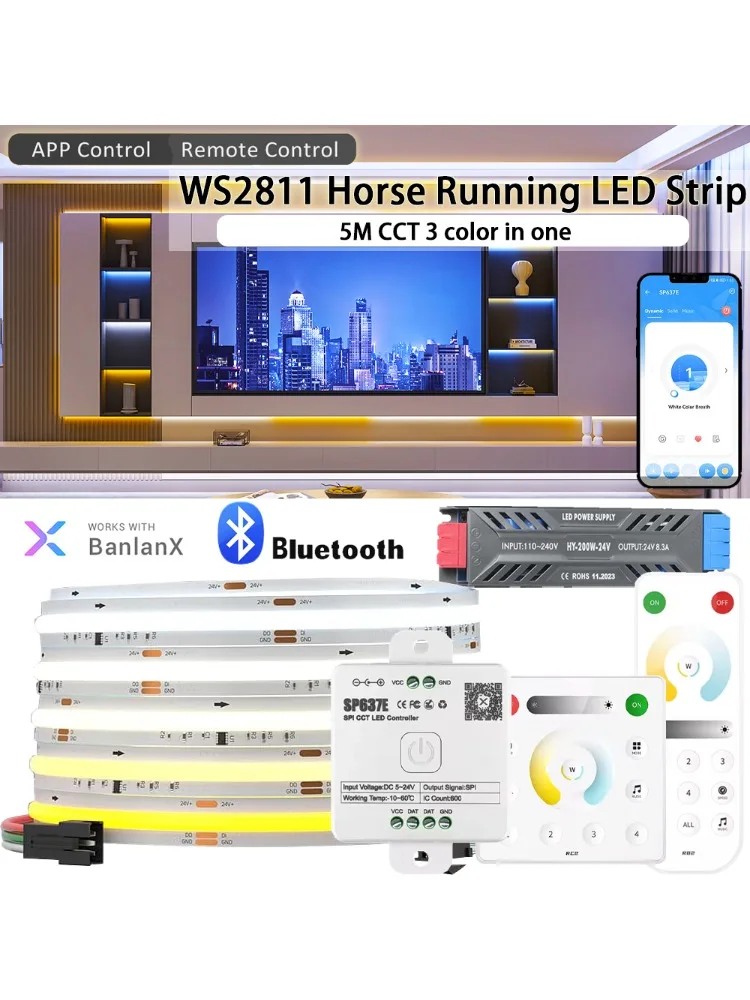 DC24V COB Pferderennen LED-Streifen-Set 5M WS2811 CCT Pferderennen LED-Band Fließendes Wasser Lichtband APP/Fernbedienung Heimdekoration