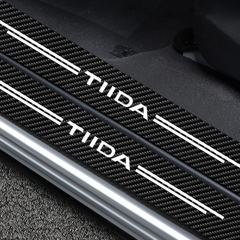 4pcs Carbon Fiber Auto Threshold Bumper Mat For Nissan TIIDA Emblem Anti Scratch Car Door Sill Plate Protect Sticker Accessories