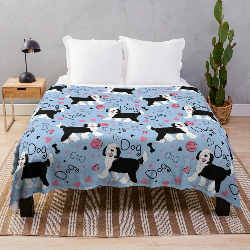 

Cute Black and White Sheepadoodle Puppy Throw Blanket