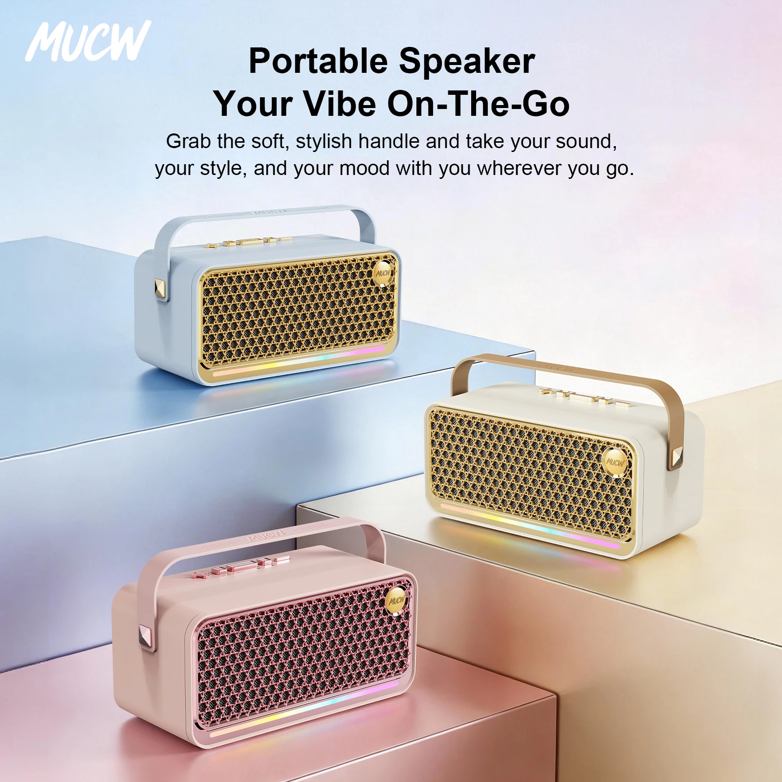 MUCW Portable Bluetooth Speaker 20W Outdoor Wireless Speaker Bluetooth 6.0 TWS Stereo RGB Music Sync Light 4000mAh Long Battery Leather Handle Speaker for Picnic Party Gift