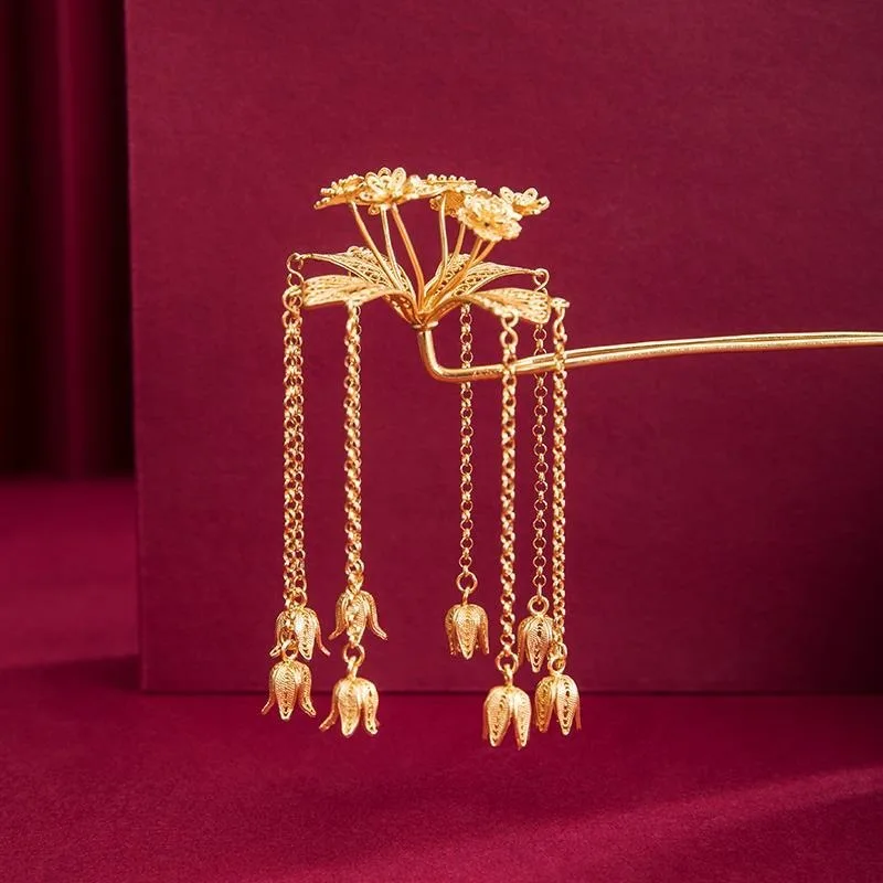 Traditional Ancient Craft Gold Silver Plated Tassel Hairpin Vintage Elegant Adjustable Bridal Wedding Heirloom Gift for Bride