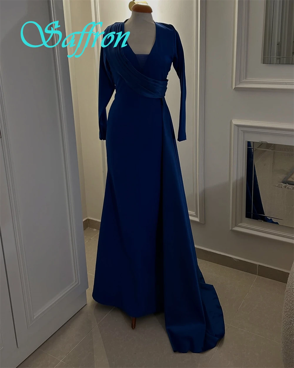 Customized Formal Blue V-Neck Long Sleeves Evening Dress High Quality Satin Prom Dresses Delicate A-Line Homecoming Gowns