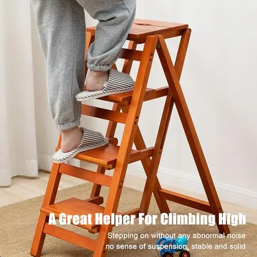 Solid Wood Folding Step Ladder, Portable 2/3/4 Step Stool, Lightweight Step Ladder Shelf for Kitchen Household Library