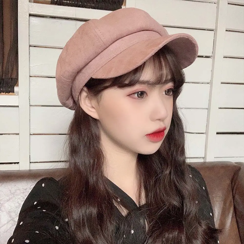 Simple Octagonal Cap Adjustable Black Red Round Metal Buckle Khaki Coffee Suede Brim Korean Style Hat Brim Beret Women Berets