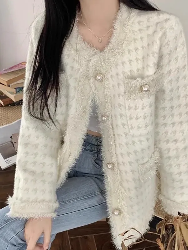 Soft Knitted Short Sleeve Long Sleeve round Neck Cardigan Women's Spring Autumn New Style Small Fragrance Wind Gentle Outerwear