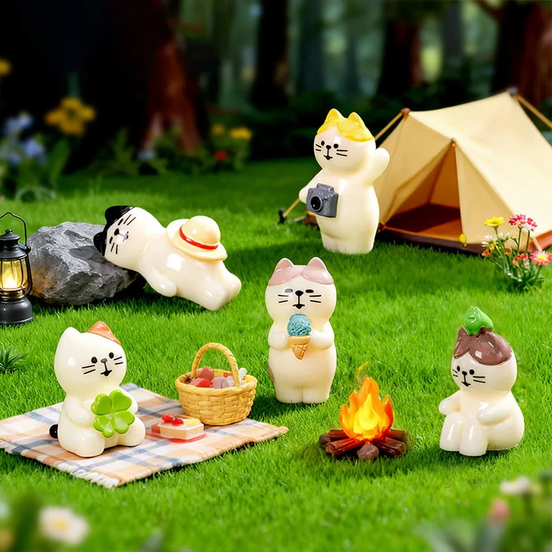 5pcs Mini Cat Figurines Travel Taking Photos Ice Cream Thinking Resting Cat Miniature Ornament Fairy Garden Dollhouse Decor