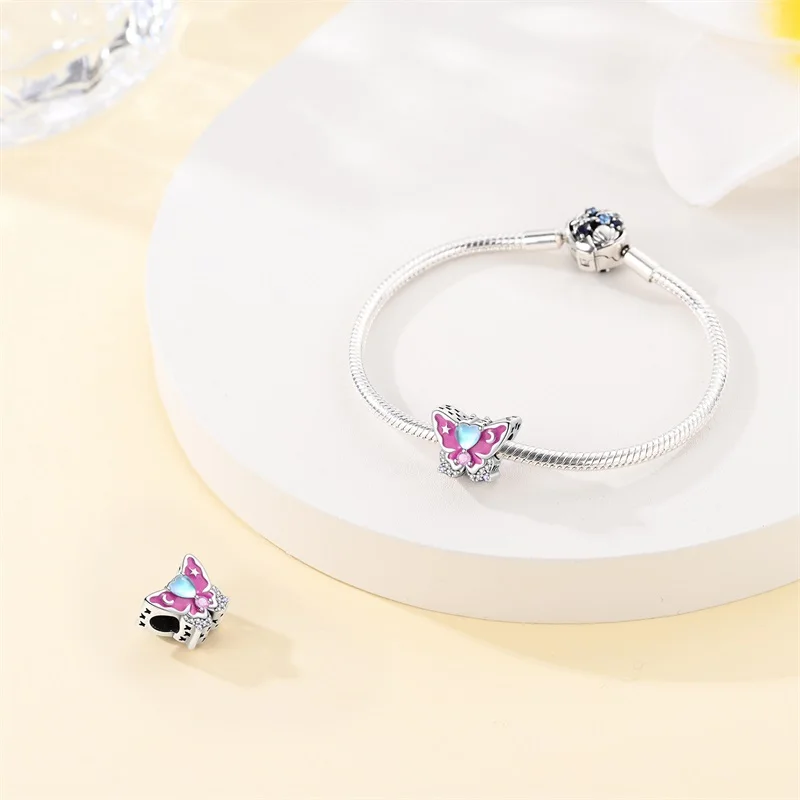925 Sterling Silver Color Change Moth Charms Beads Zircon Dangle Fit 3mm Original Bracelet DIY Women Fine Birthday Jewelry Gifts