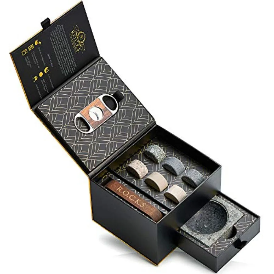 

Whiskey Stones Gift Set with Cigar Cutter and Cigar Ashtray - 6 Handcrafted Round Stones Presentation and Storage Tray - Luxuri