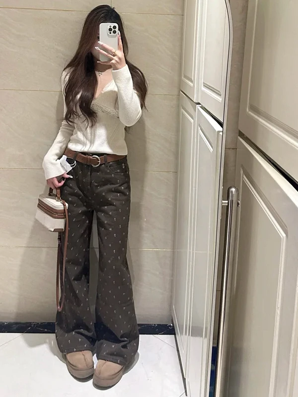 กางเกงยีนส์ทรงตรงหลวมลายดอกไม้สีน้ำตาลสไตล์เรโทรสำหรับผู้หญิง ฤดูใบไม้ร่วง ฤดูหนาว รุ่นใหม่ Sle PmORh เอวสูง ยาวคลุมเท้า