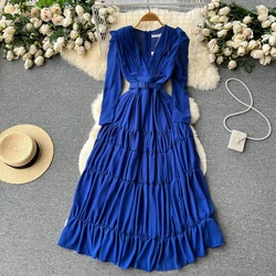 Retro Solid Elegant Pleated V-neck Dress A-line Long  Sleeve  Casual  High Waist Dress Women Summer