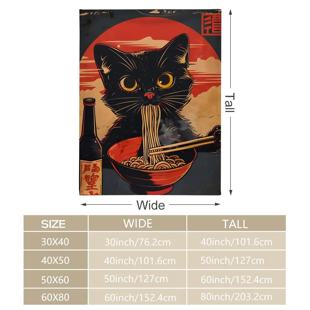 Black Cat Ramen Throw Soft Flannel Blanket Warm Knee Skin-Friendly Throw for Sofa Office Bed Traveling Winter Oversize