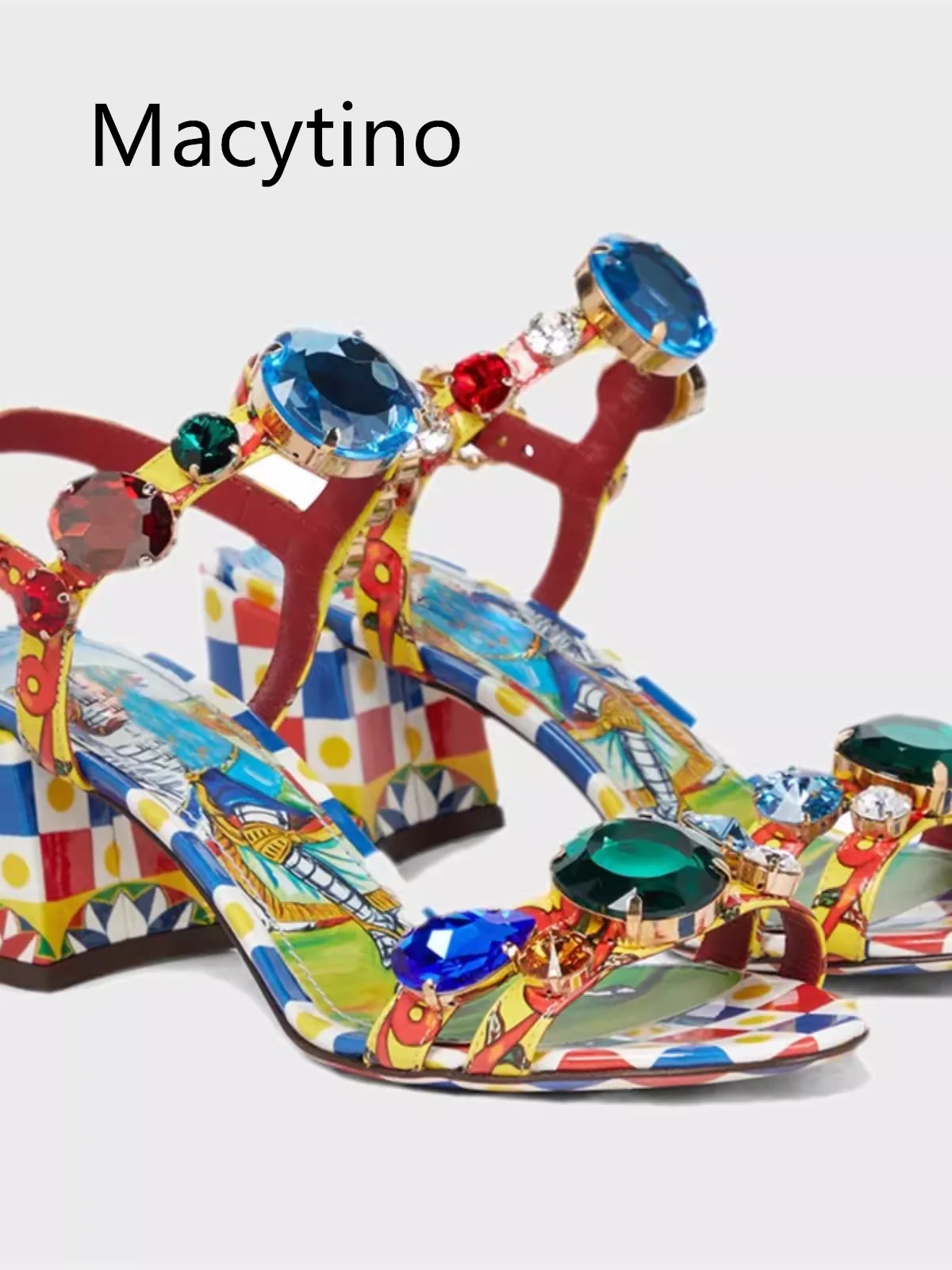 2024 Printed Jewel Women High Heel Sandals Round Toe Block Heel Women Pumps Fashion Party Shoes