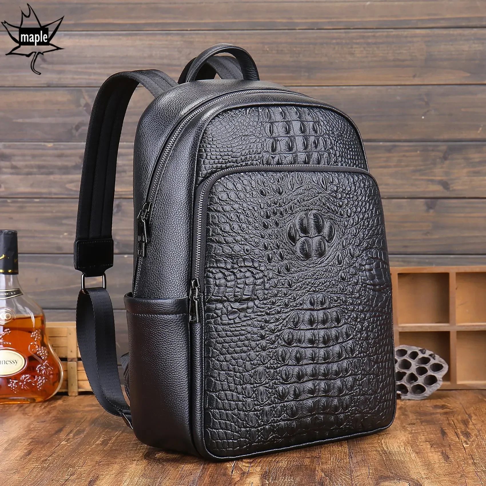 Luxurious First Layer Cowhide Leather Crocodile Pattern Men Backpack Black 15.6 Inches Laptop Business Travel Bag High Capacity